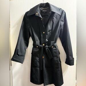 Ellen Tracy Black Trench Coat with Gold Accents